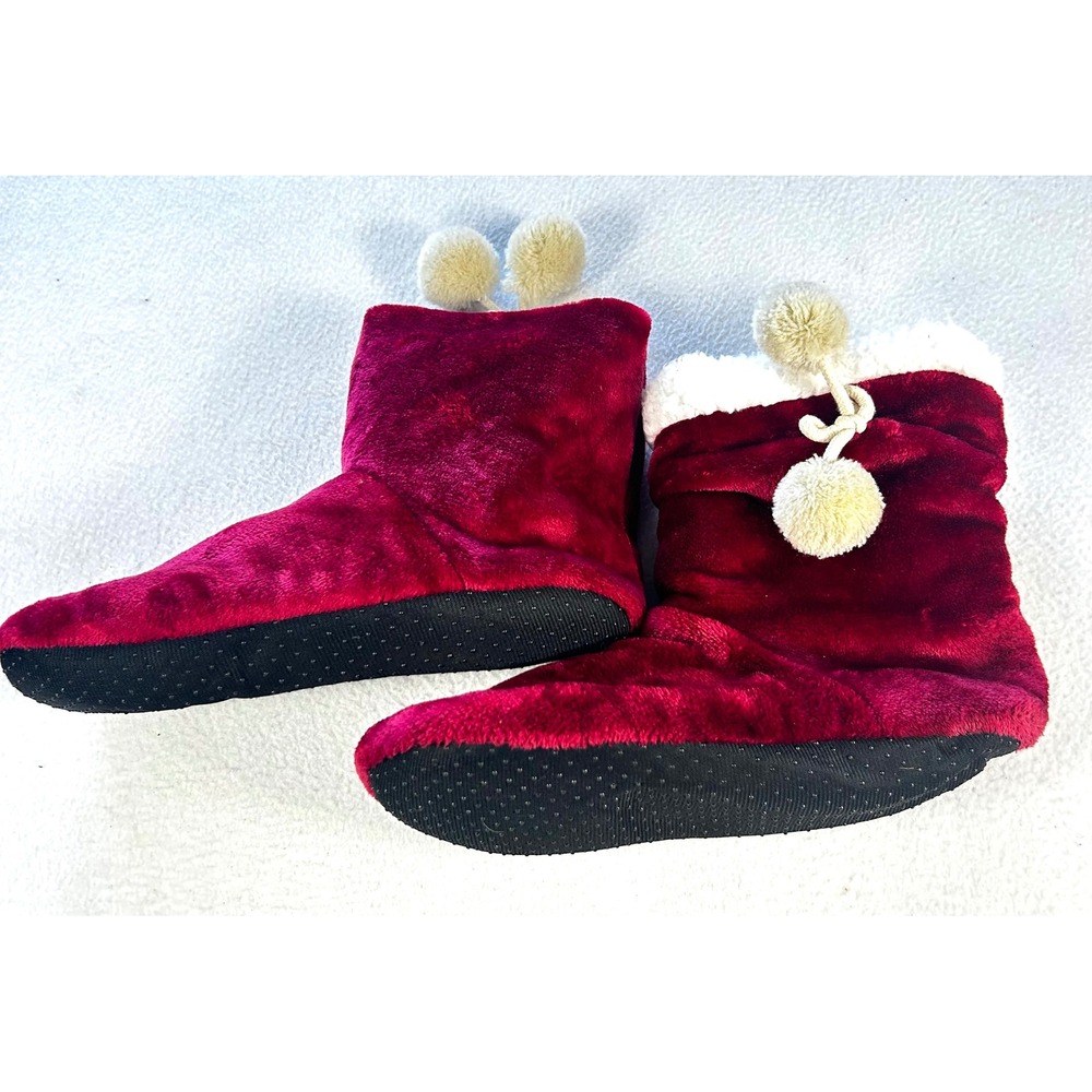 Womens Burgundy Faux Fur Sherpa Lined Slipper Boots Pom Pom Size 10 EU 42